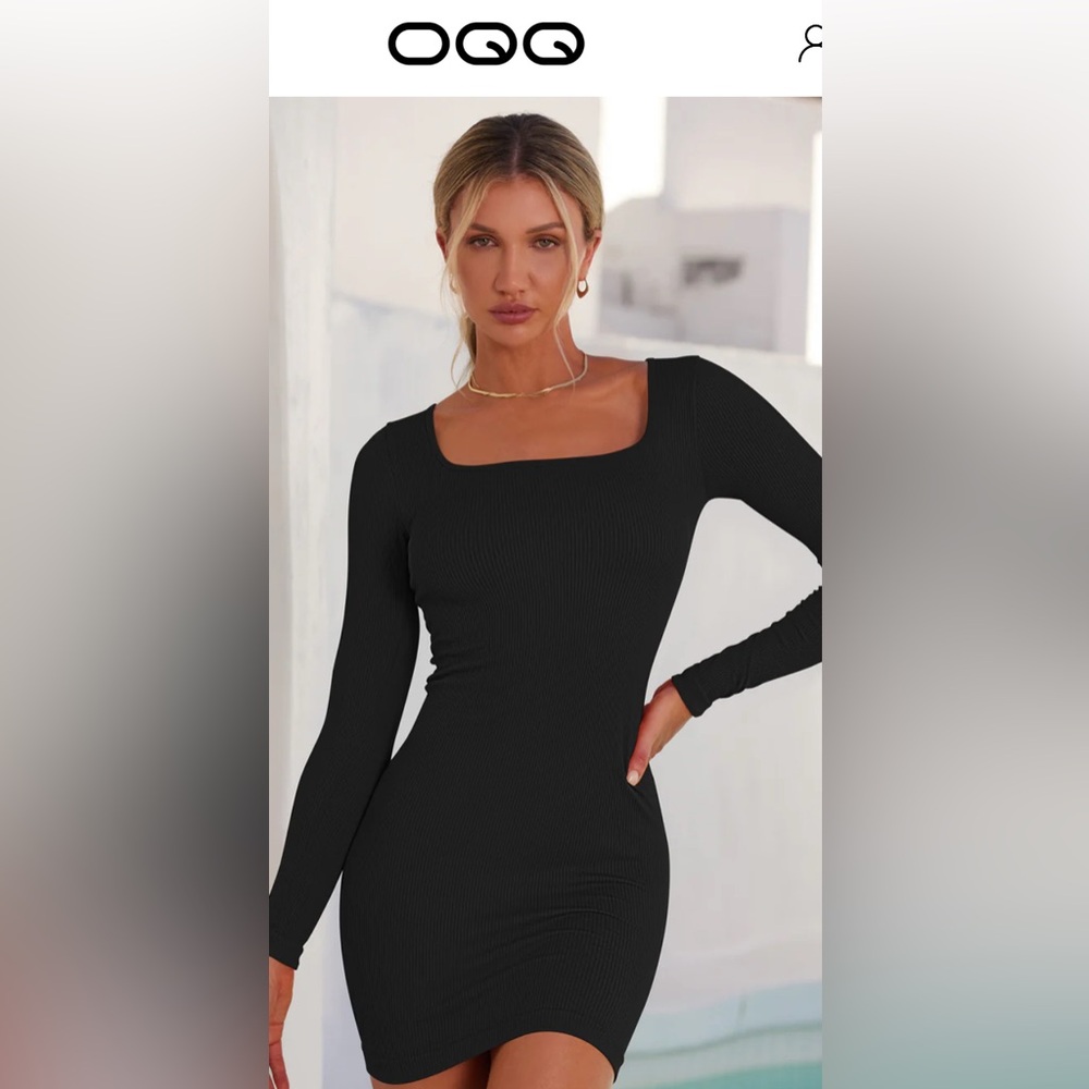 OQQ Black Long Sleeve Square Neck Mini Dress